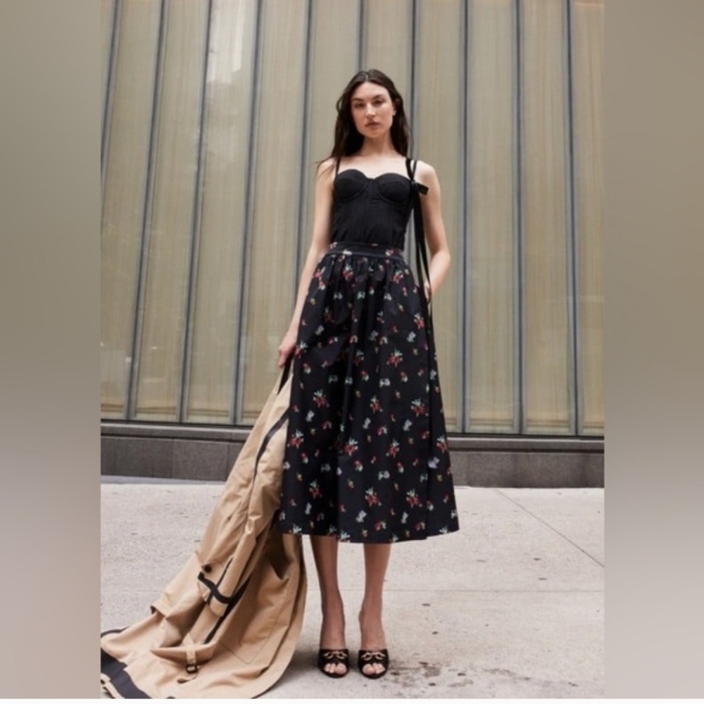 Hill House The Krista Black Ikat Floral Taffeta Midi Skirt Size Small